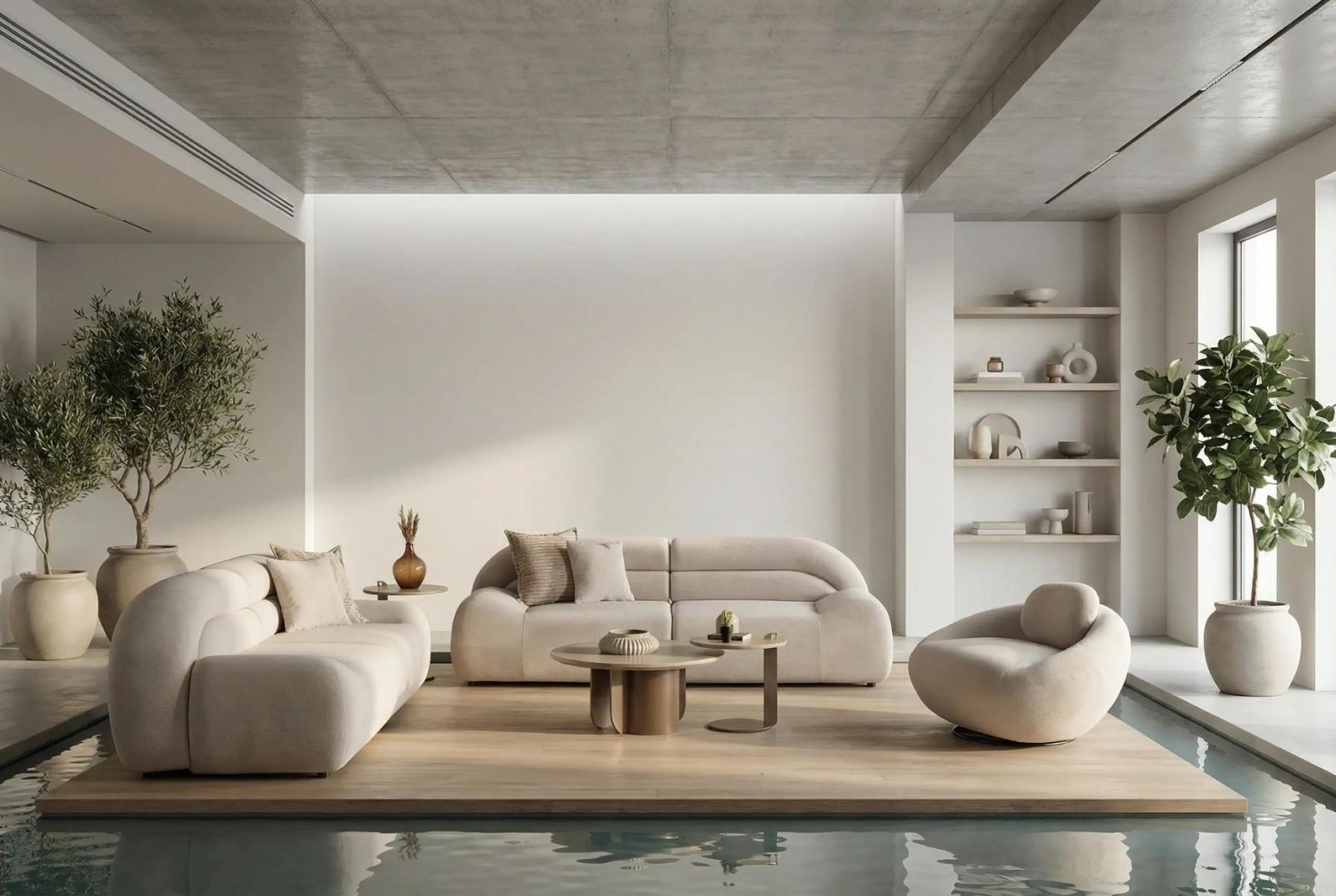Valour modern luxury living room furniture collection featuring sculptural curved sofas, neutral upholstery, and minimalist contemporary design.