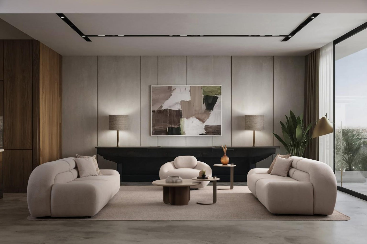 Valour modern luxury living room furniture collection featuring sculptural curved sofas, neutral upholstery, and minimalist contemporary design.