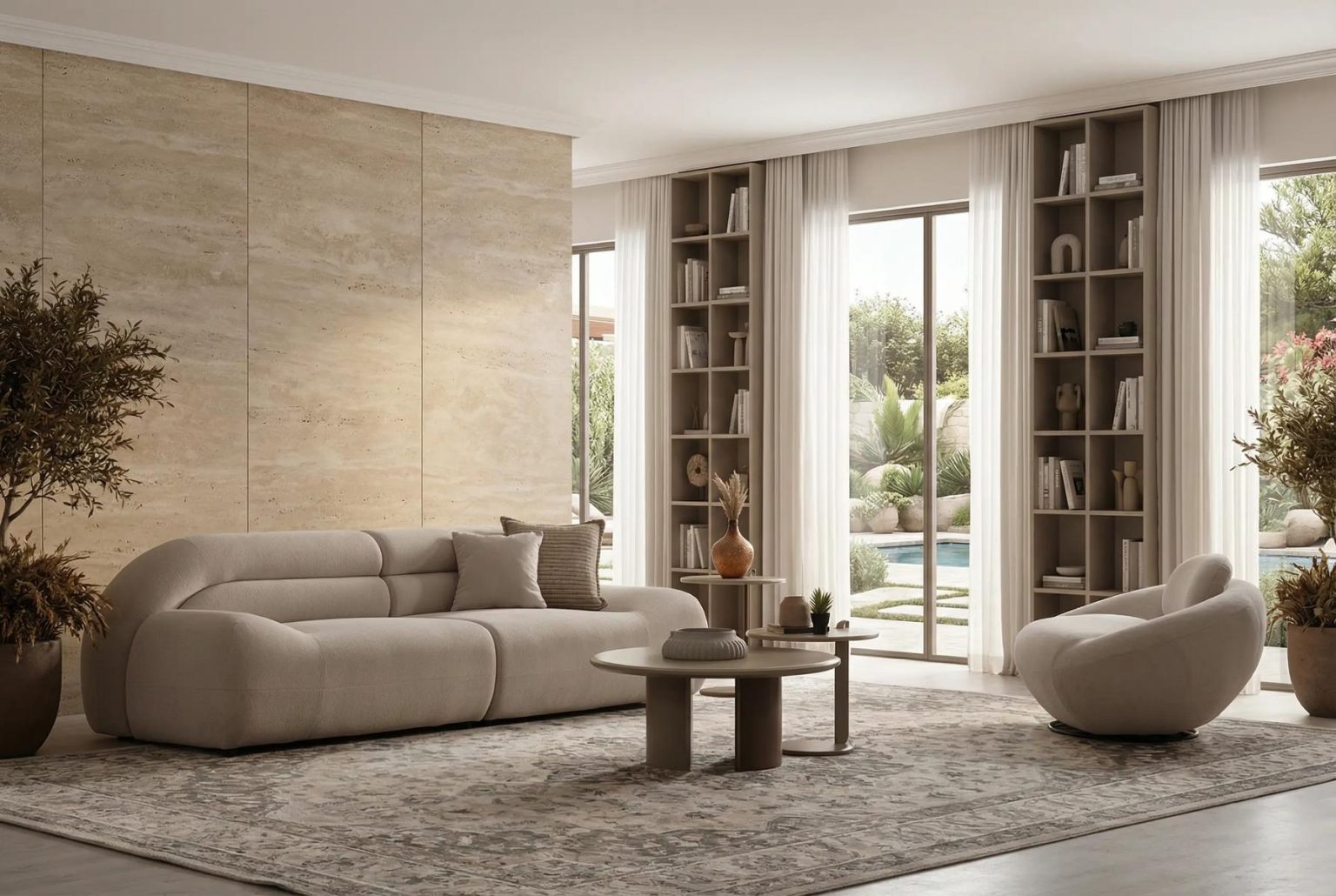 Valour modern luxury living room furniture collection featuring sculptural curved sofas, neutral upholstery, and minimalist contemporary design.