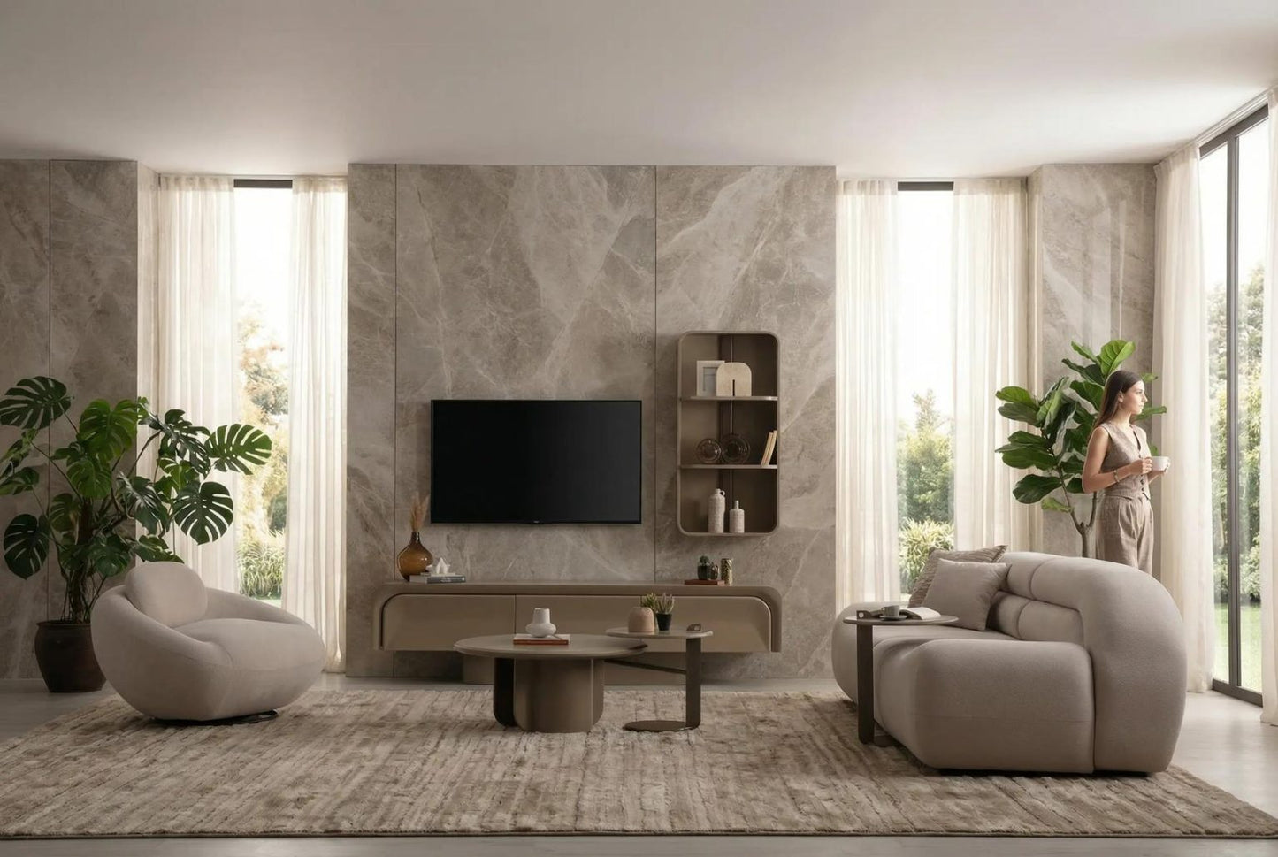 Valour modern luxury living room furniture collection featuring sculptural curved sofas, neutral upholstery, and minimalist contemporary design.