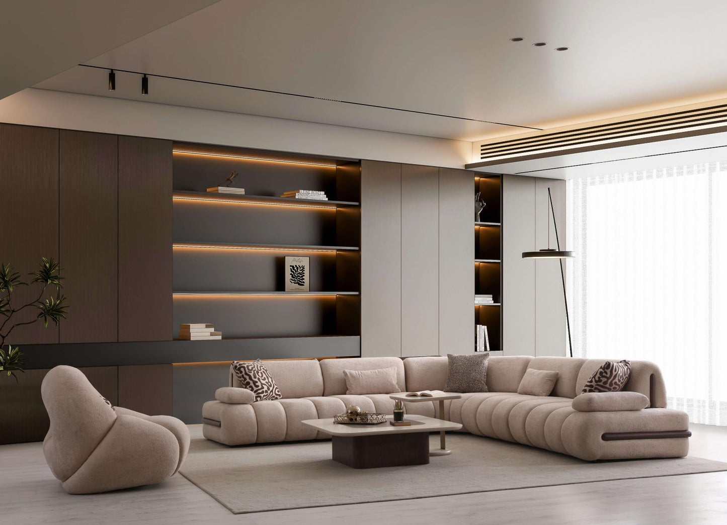 Elan modern sculptural furniture collection featuring curved modular sofa, neutral upholstery, and contemporary luxury living room design.