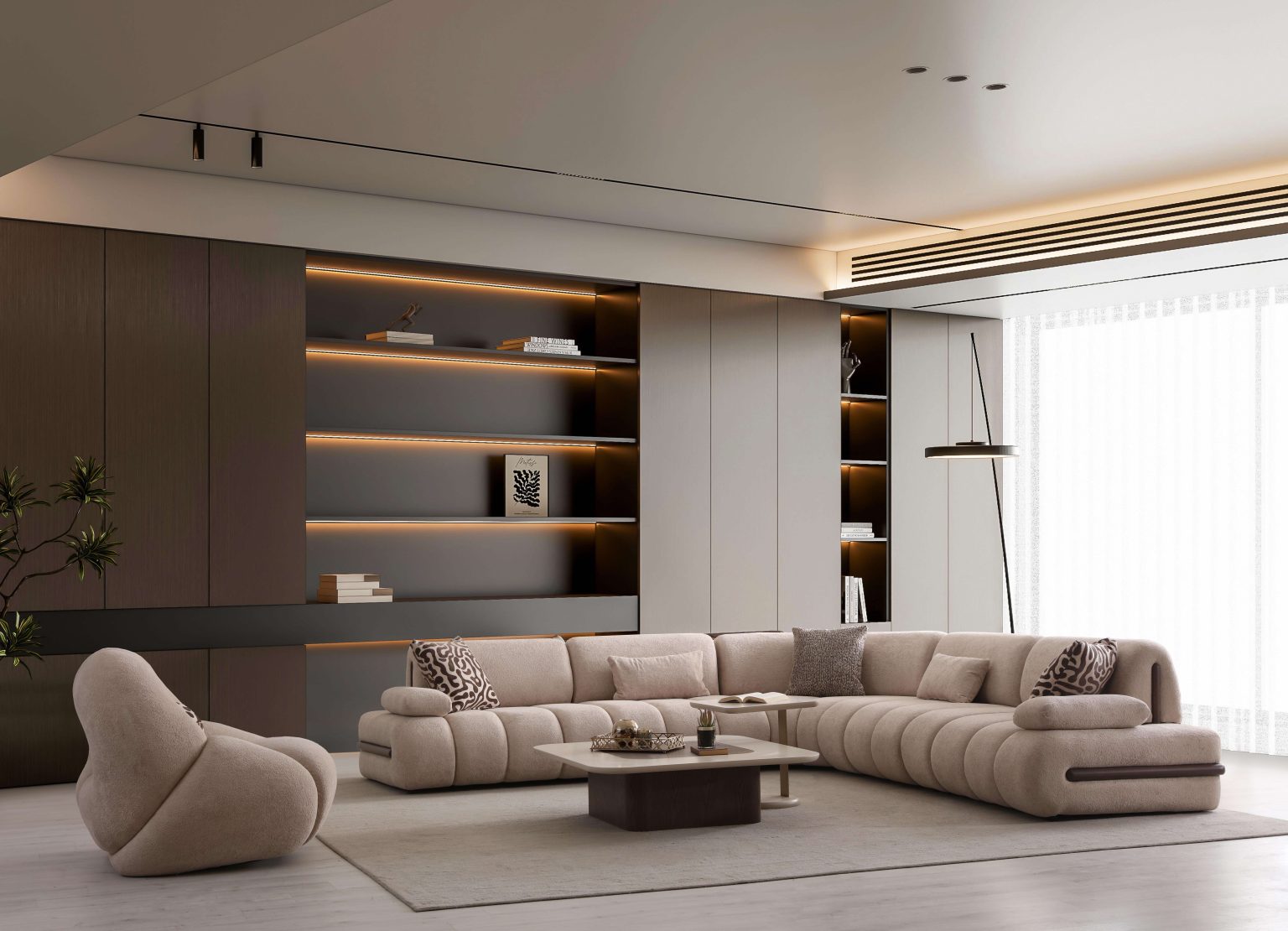 Elan modern sculptural furniture collection featuring curved modular sofa, neutral upholstery, and contemporary luxury living room design.