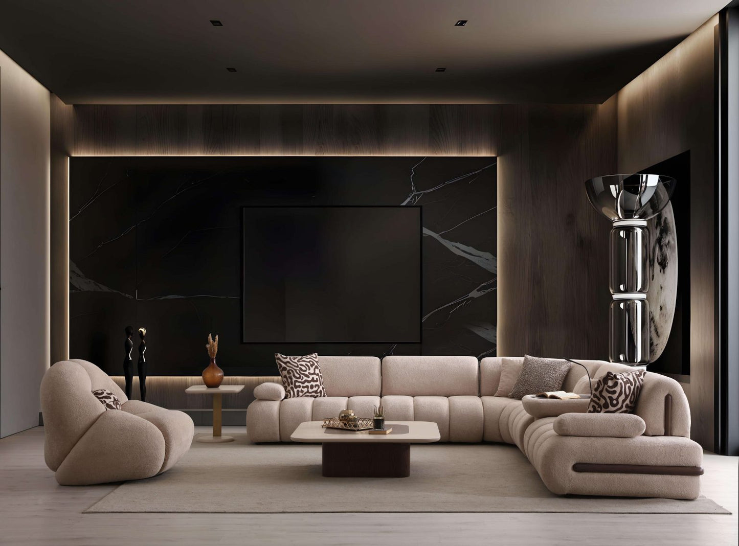 Elan modern sculptural furniture collection featuring curved modular sofa, neutral upholstery, and contemporary luxury living room design.