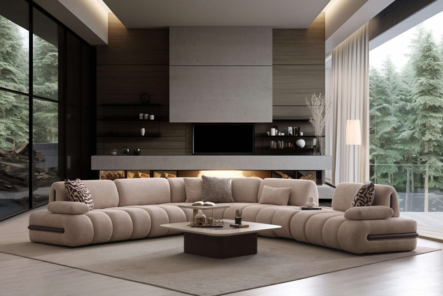 Elan modern sculptural furniture collection featuring curved modular sofa, neutral upholstery, and contemporary luxury living room design.