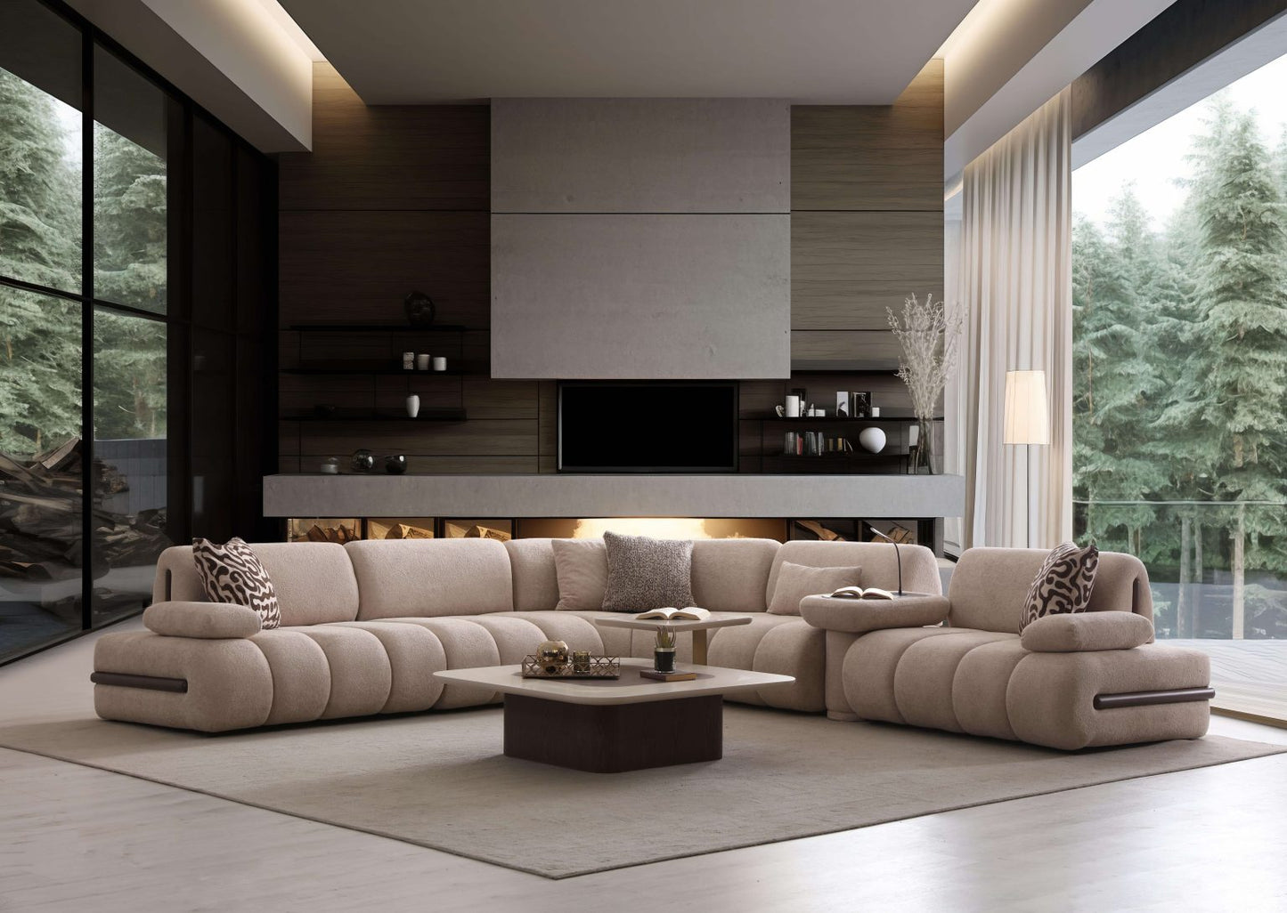 Elan modern sculptural furniture collection featuring curved modular sofa, neutral upholstery, and contemporary luxury living room design.