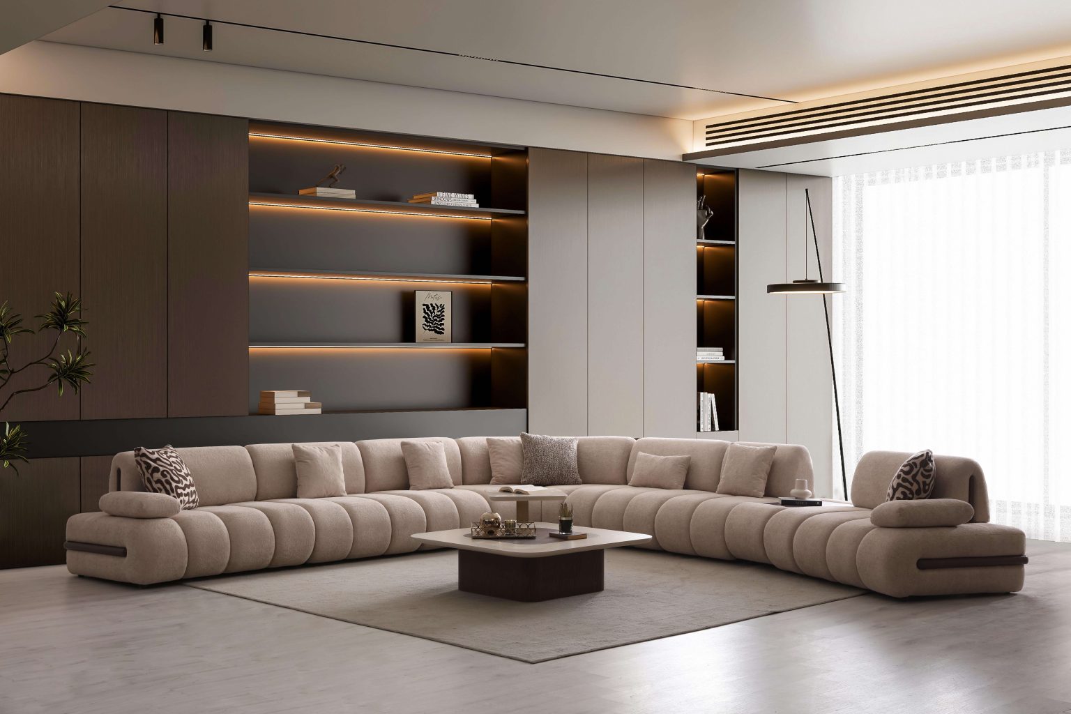 Elan modern sculptural furniture collection featuring curved modular sofa, neutral upholstery, and contemporary luxury living room design.