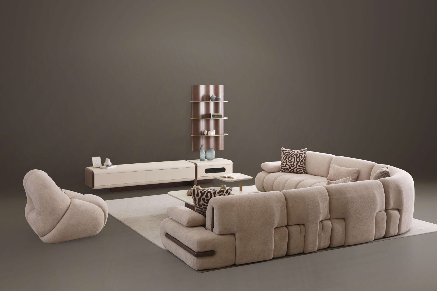 Elan modern sculptural furniture collection featuring curved modular sofa, neutral upholstery, and contemporary luxury living room design.