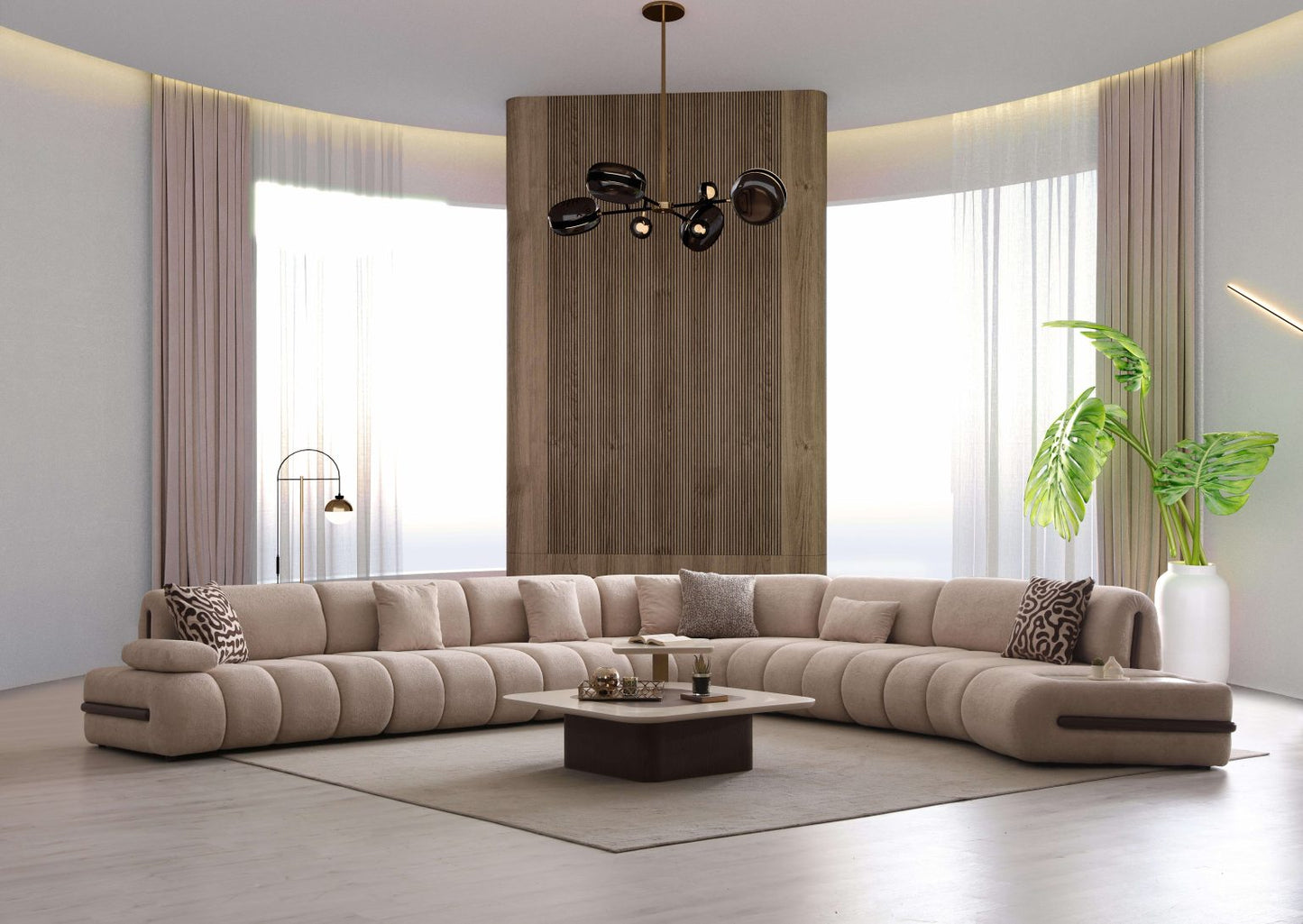 Elan modern sculptural furniture collection featuring curved modular sofa, neutral upholstery, and contemporary luxury living room design.