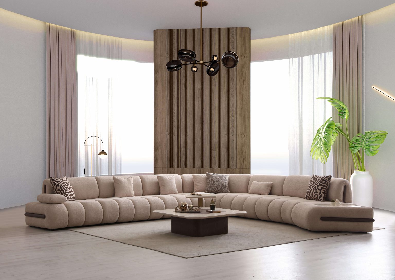 Elan modern sculptural furniture collection featuring curved modular sofa, neutral upholstery, and contemporary luxury living room design.