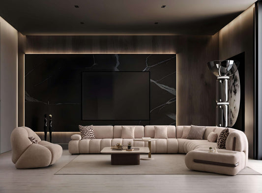 Elan modern sculptural furniture collection featuring curved modular sofa, neutral upholstery, and contemporary luxury living room design.