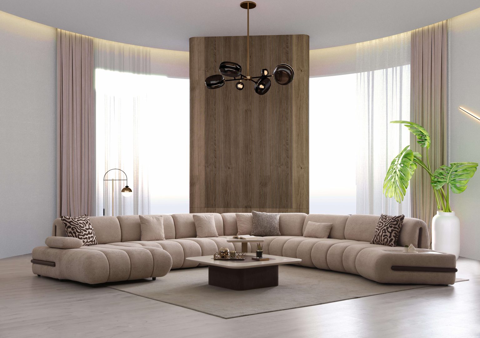 Elan modern sculptural furniture collection featuring curved modular sofa, neutral upholstery, and contemporary luxury living room design.