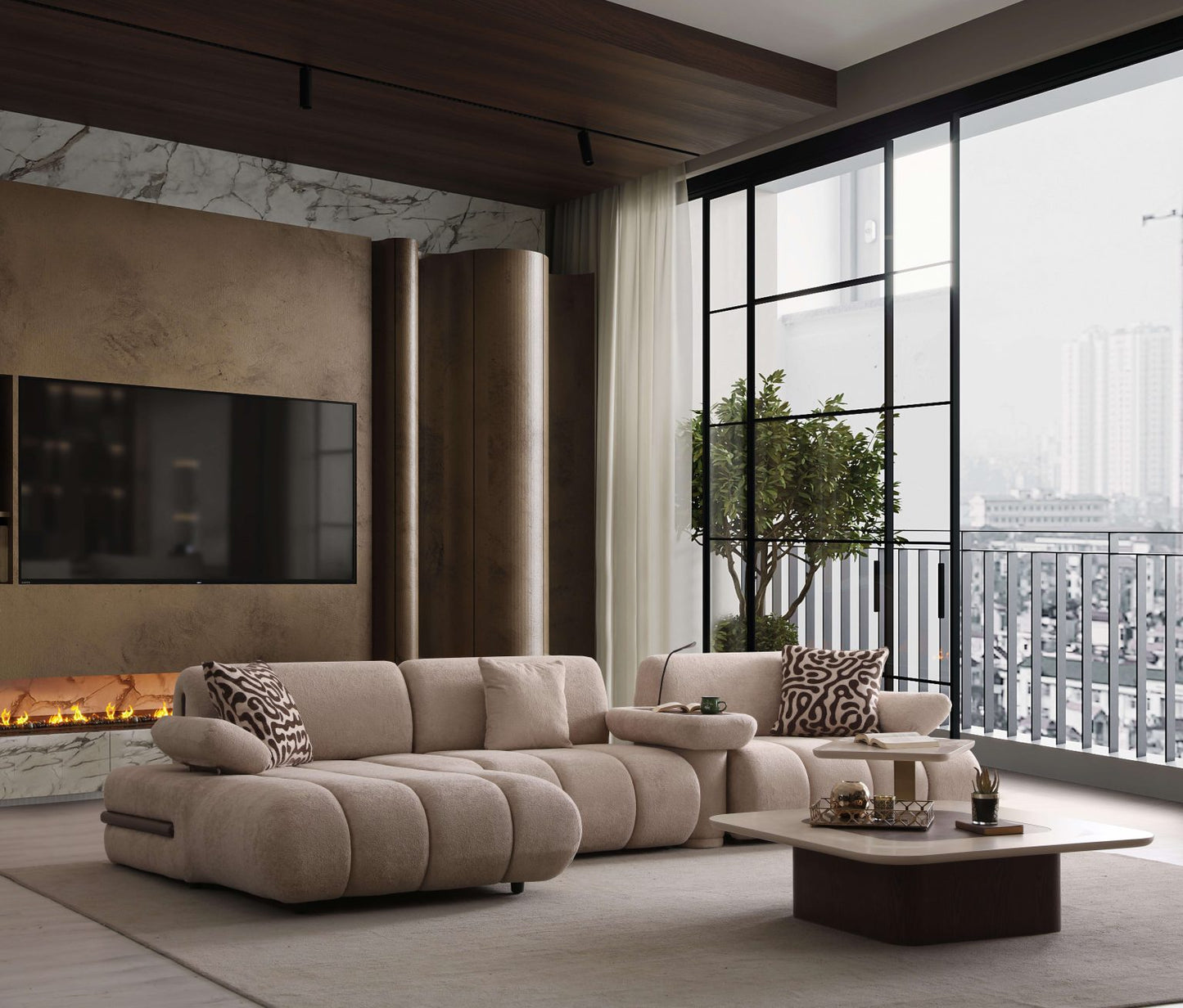 Elan modern sculptural furniture collection featuring curved modular sofa, neutral upholstery, and contemporary luxury living room design.