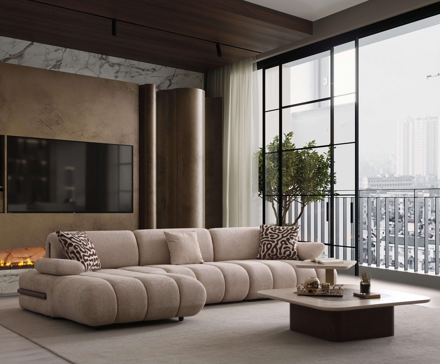 Elan modern sculptural furniture collection featuring curved modular sofa, neutral upholstery, and contemporary luxury living room design.
