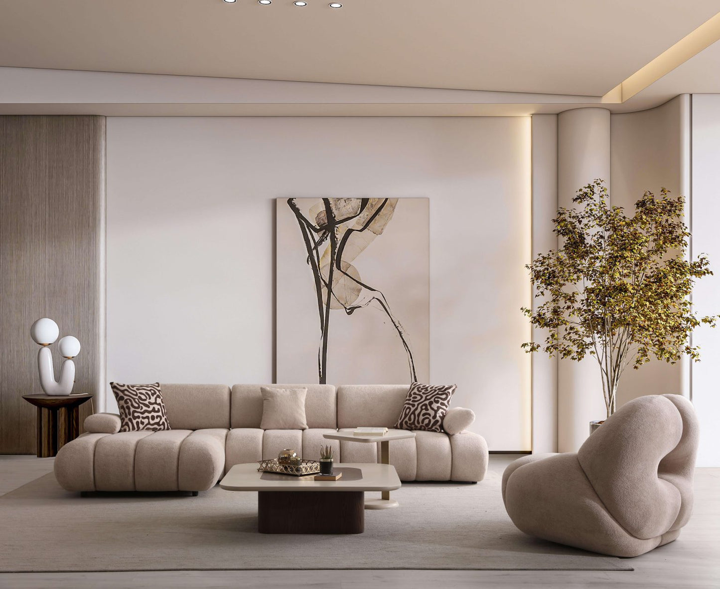 Elan modern sculptural furniture collection featuring curved modular sofa, neutral upholstery, and contemporary luxury living room design.