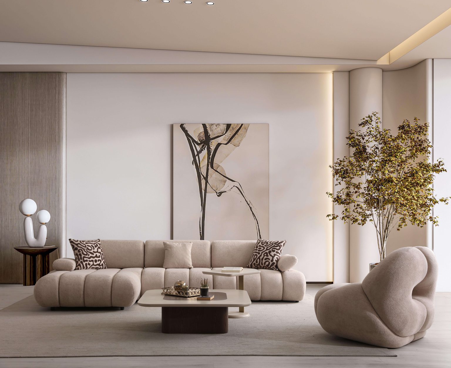 Elan modern sculptural furniture collection featuring curved modular sofa, neutral upholstery, and contemporary luxury living room design.