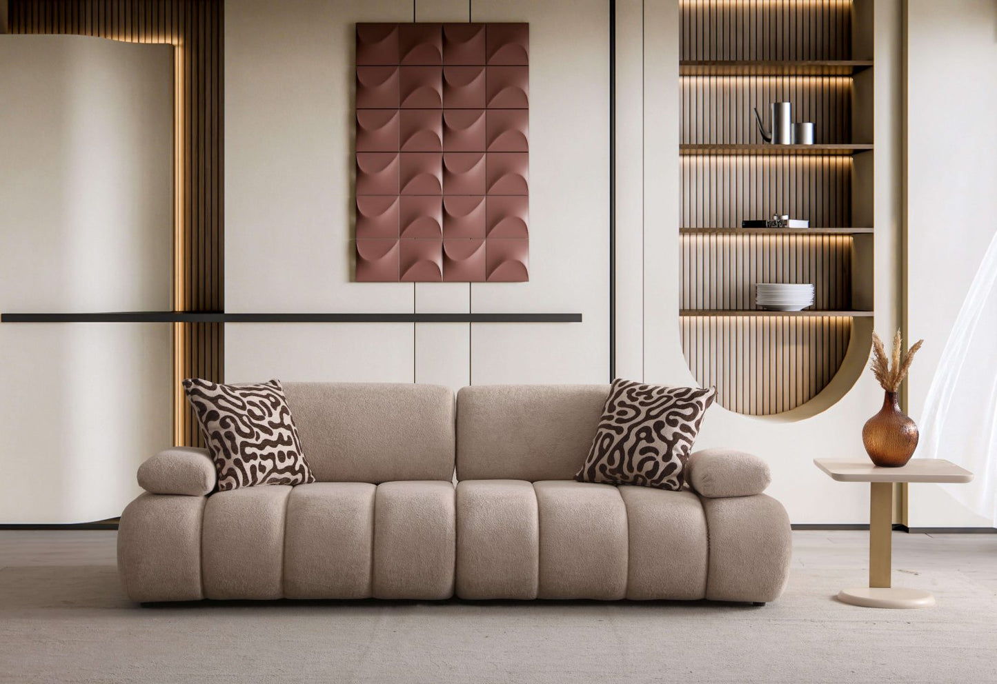 Elan modern sculptural furniture collection featuring curved modular sofa, neutral upholstery, and contemporary luxury living room design.