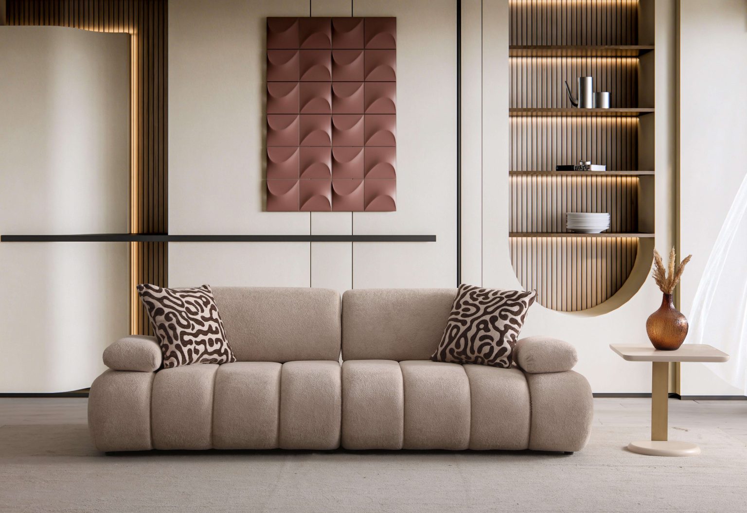 Elan modern sculptural furniture collection featuring curved modular sofa, neutral upholstery, and contemporary luxury living room design.