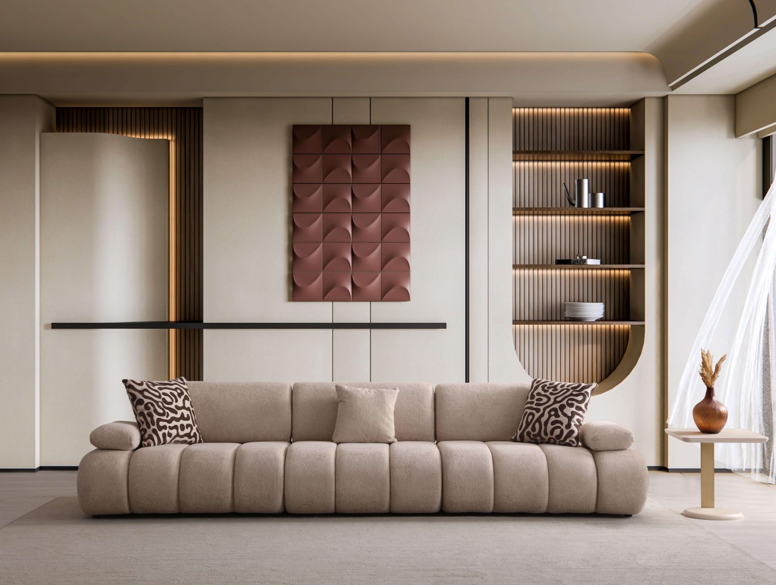 Elan modern sculptural furniture collection featuring curved modular sofa, neutral upholstery, and contemporary luxury living room design.