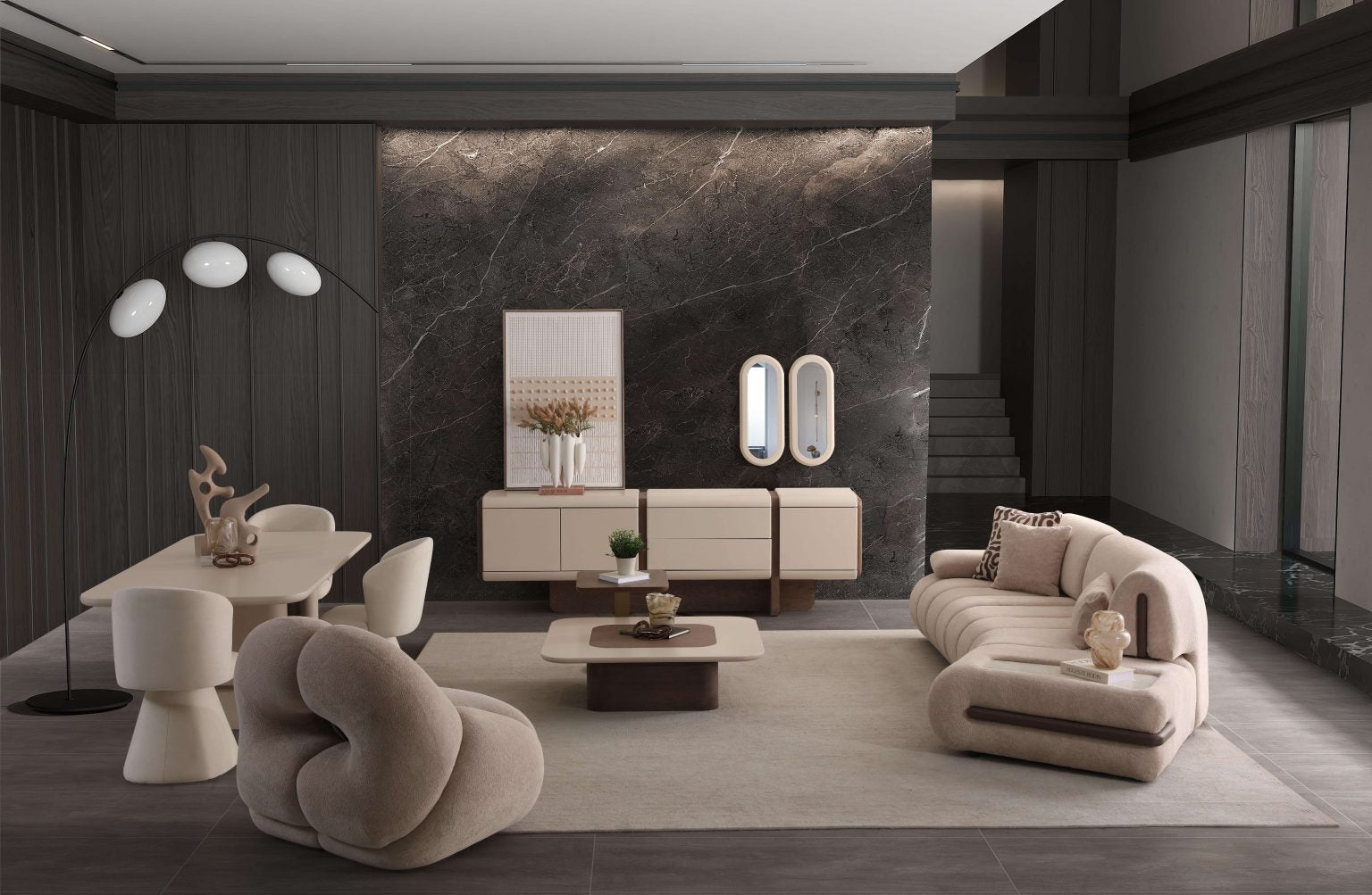 Elan modern sculptural furniture collection featuring curved modular sofa, neutral upholstery, and contemporary luxury living room design.