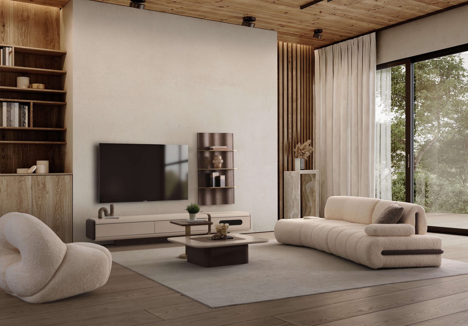 Elan modern sculptural furniture collection featuring curved modular sofa, neutral upholstery, and contemporary luxury living room design.