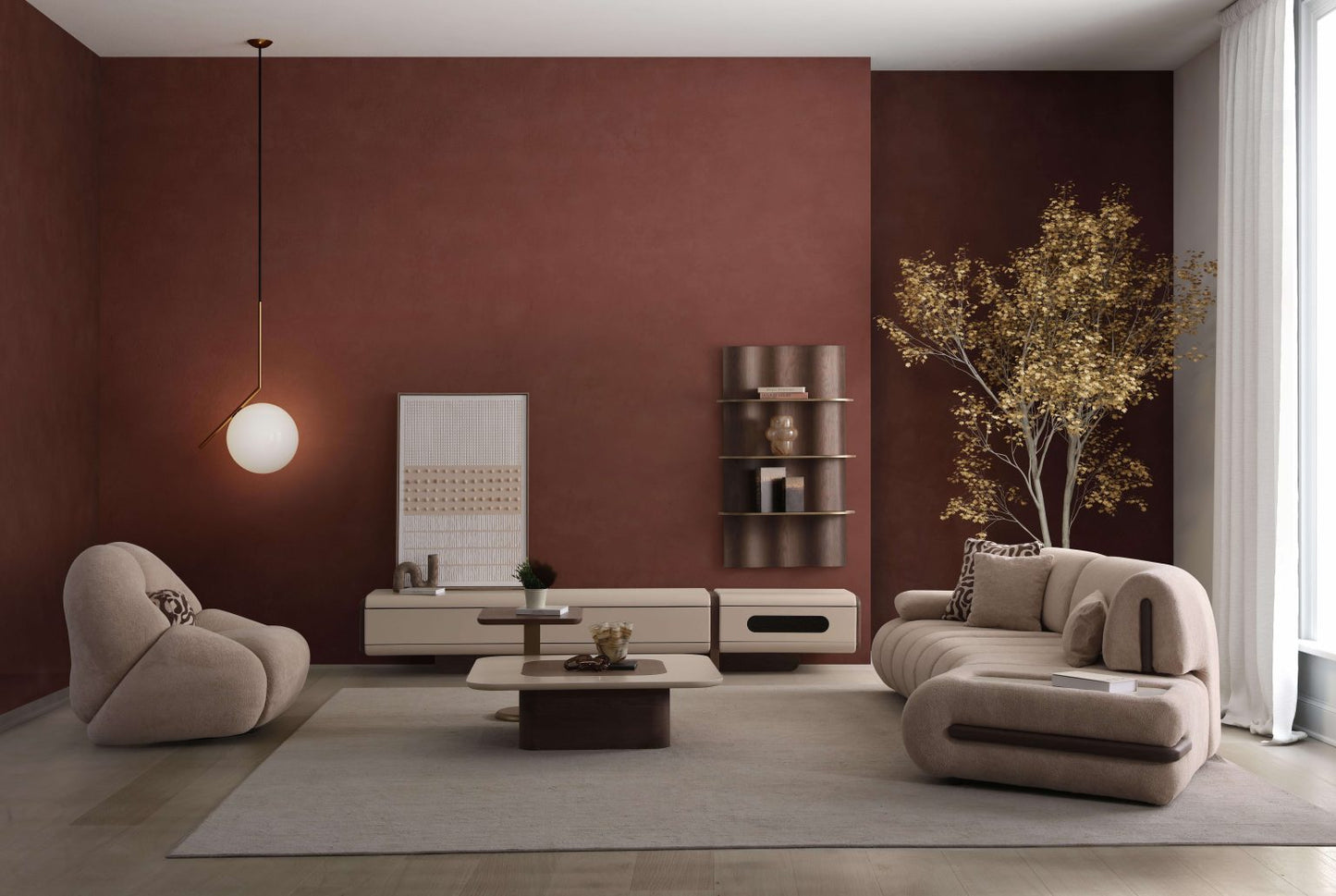 Elan modern sculptural furniture collection featuring curved modular sofa, neutral upholstery, and contemporary luxury living room design.