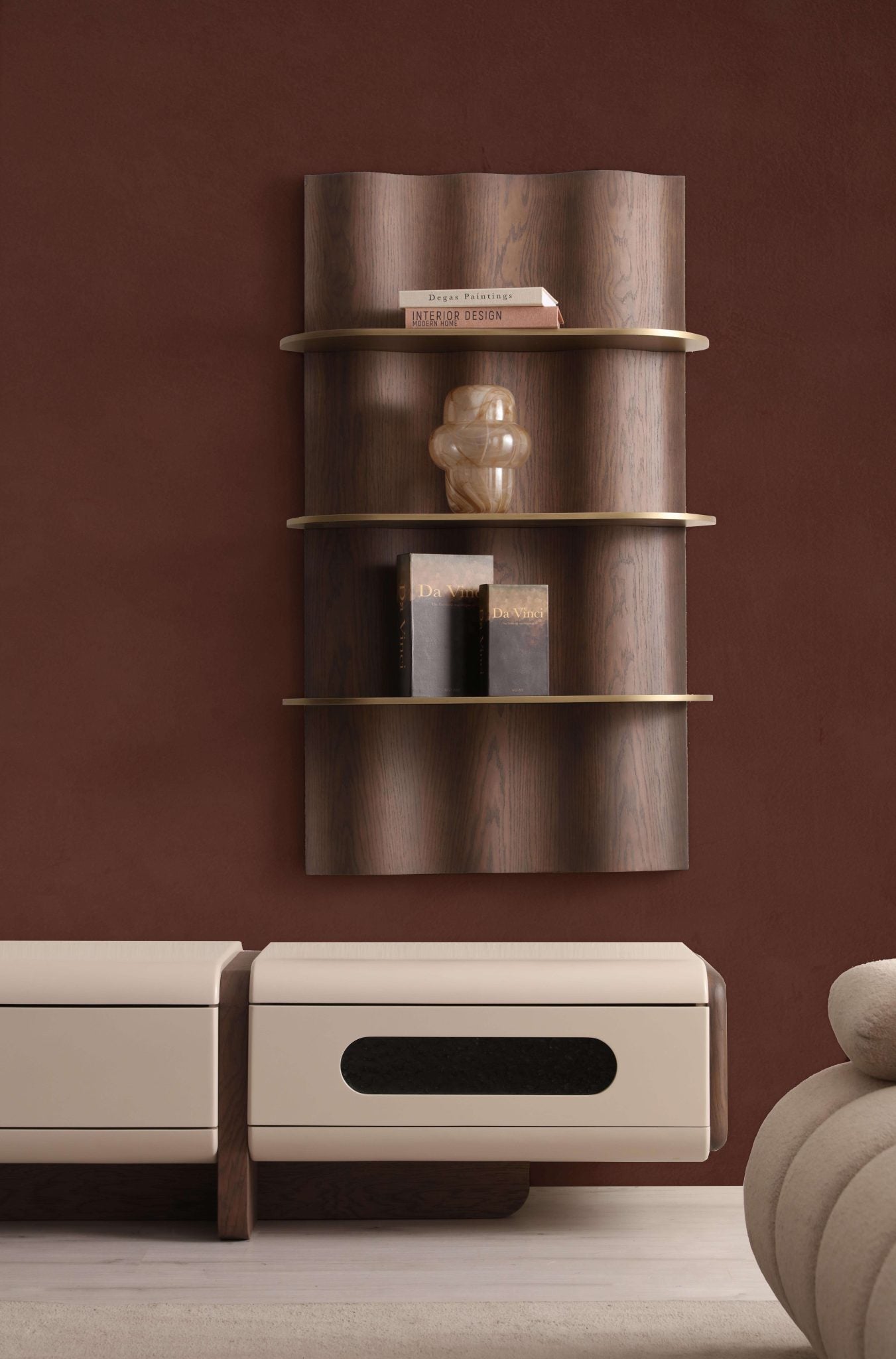 Elan modern sculptural furniture collection featuring curved modular sofa, neutral upholstery, and contemporary luxury living room design.