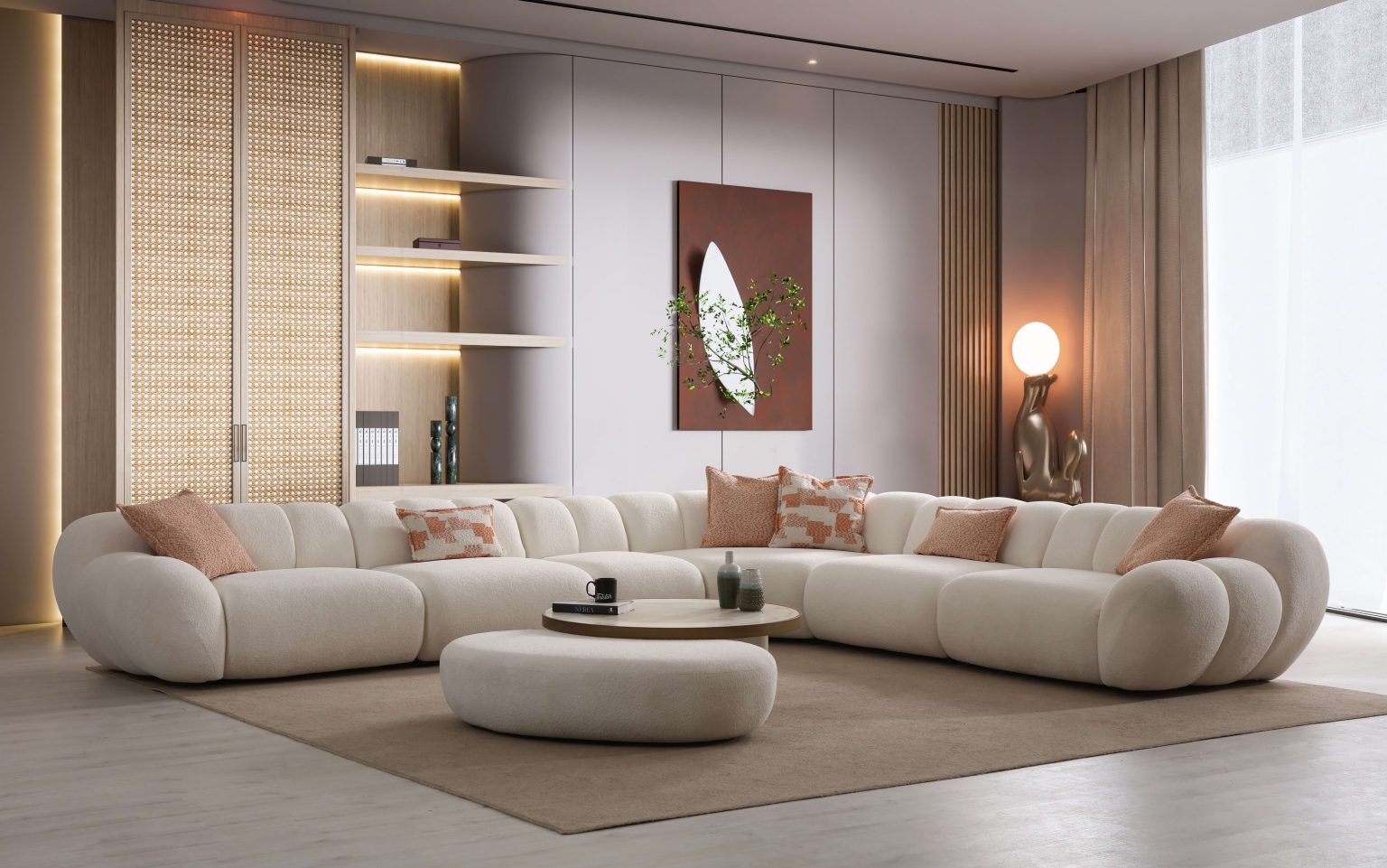 Lunar sculptural living room collection featuring curved modular sofa, rounded lounge chair, and modern minimalist interior design.