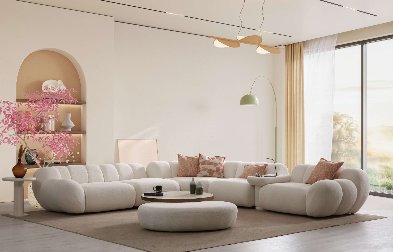 Lunar sculptural living room collection featuring curved modular sofa, rounded lounge chair, and modern minimalist interior design.