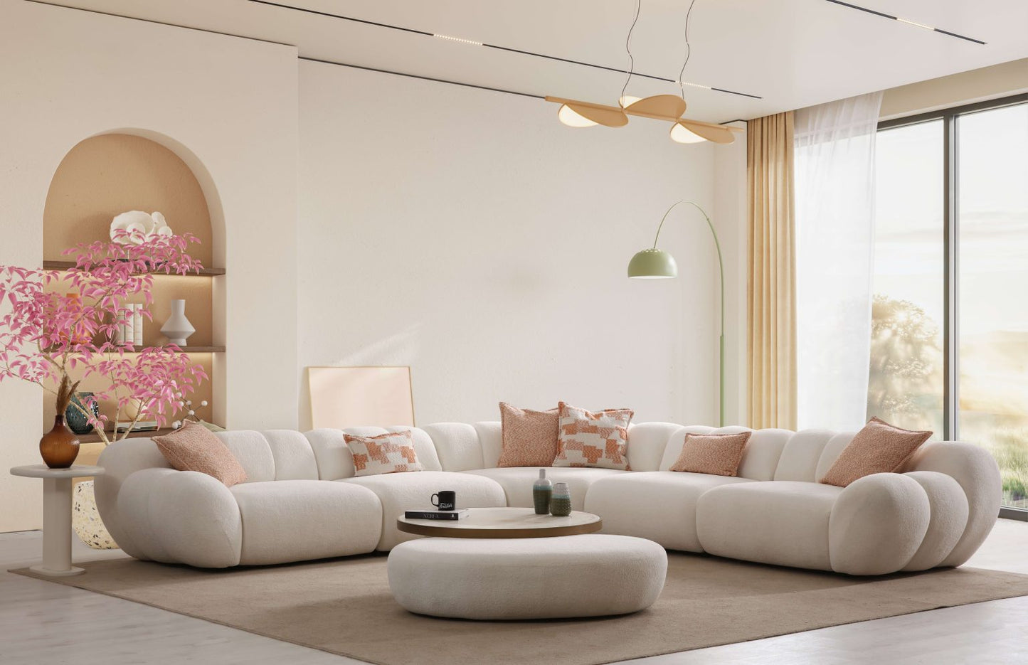 Lunar sculptural living room collection featuring curved modular sofa, rounded lounge chair, and modern minimalist interior design.