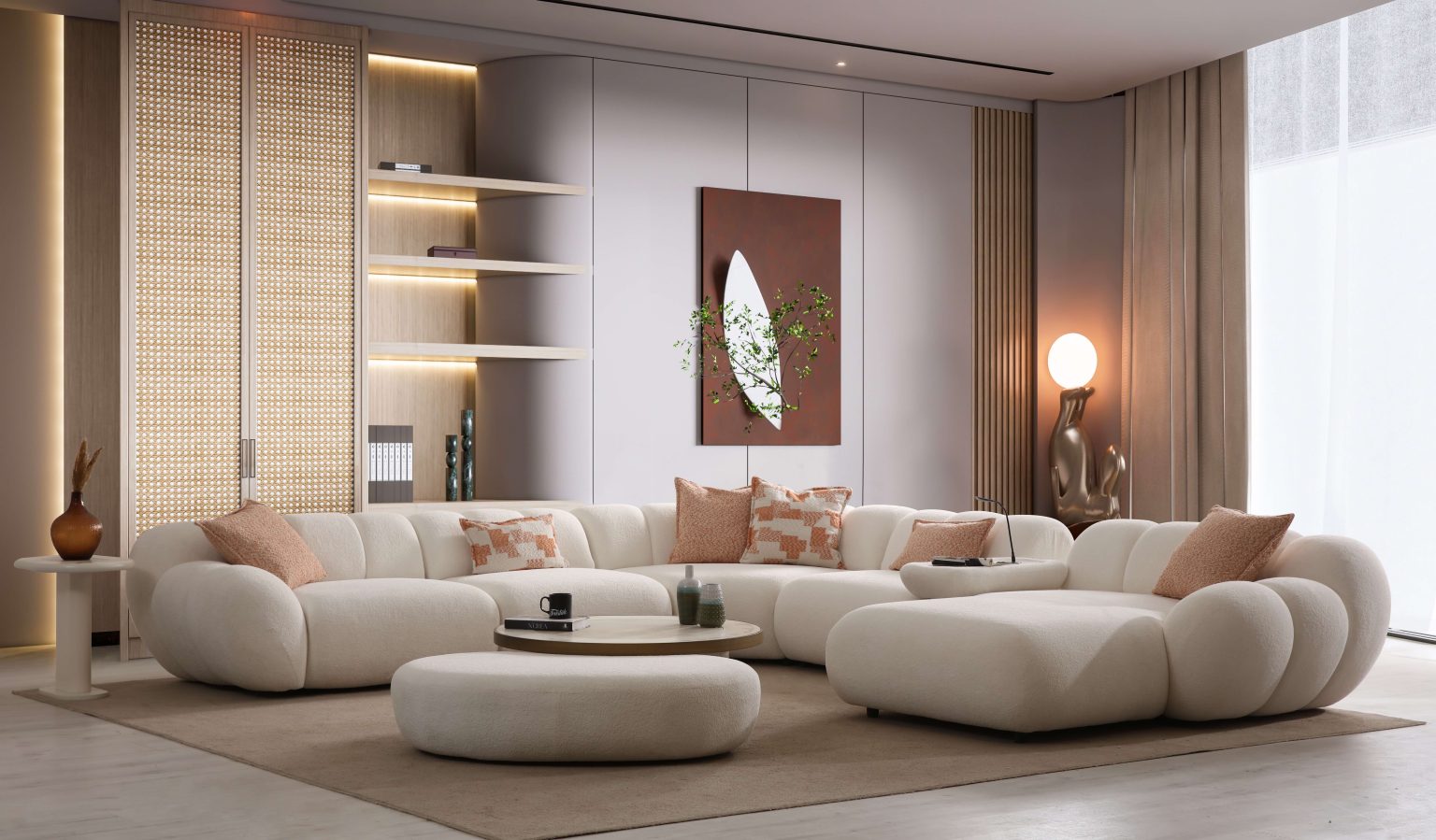 Lunar sculptural living room collection featuring curved modular sofa, rounded lounge chair, and modern minimalist interior design.