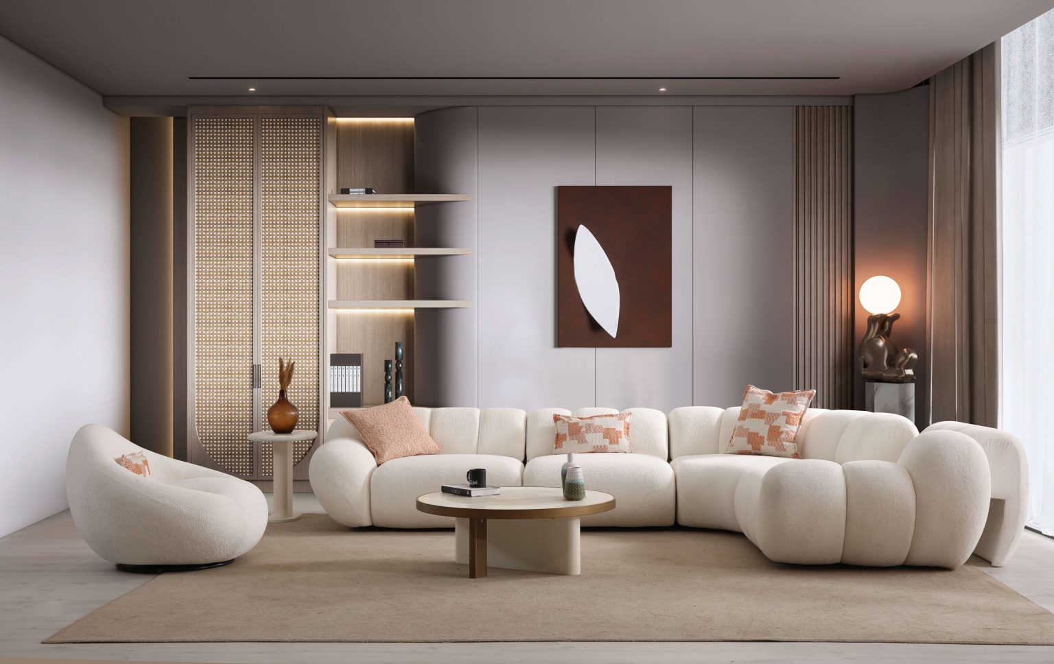 Lunar sculptural living room collection featuring curved modular sofa, rounded lounge chair, and modern minimalist interior design.