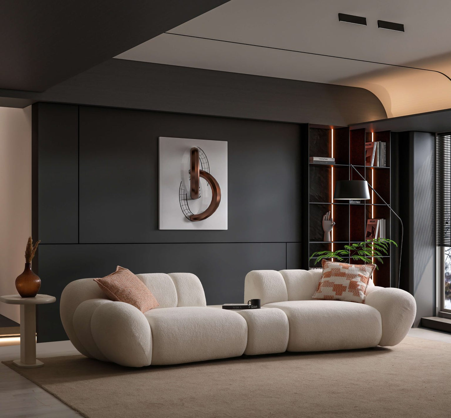 Lunar sculptural living room collection featuring curved modular sofa, rounded lounge chair, and modern minimalist interior design.