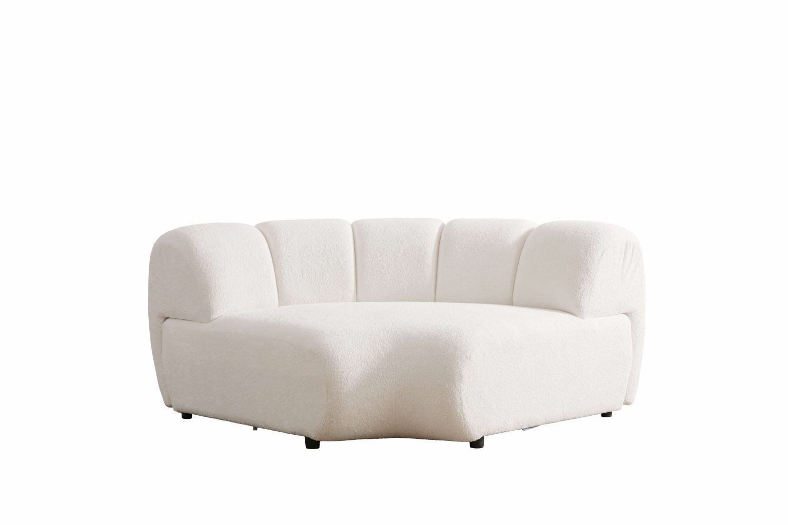 Lunar sculptural living room collection featuring curved modular sofa, rounded lounge chair, and modern minimalist interior design.