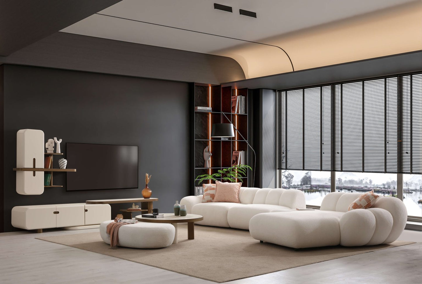 Lunar sculptural living room collection featuring curved modular sofa, rounded lounge chair, and modern minimalist interior design.