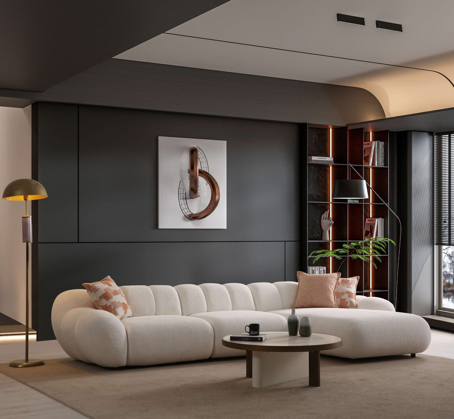 Lunar sculptural living room collection featuring curved modular sofa, rounded lounge chair, and modern minimalist interior design.