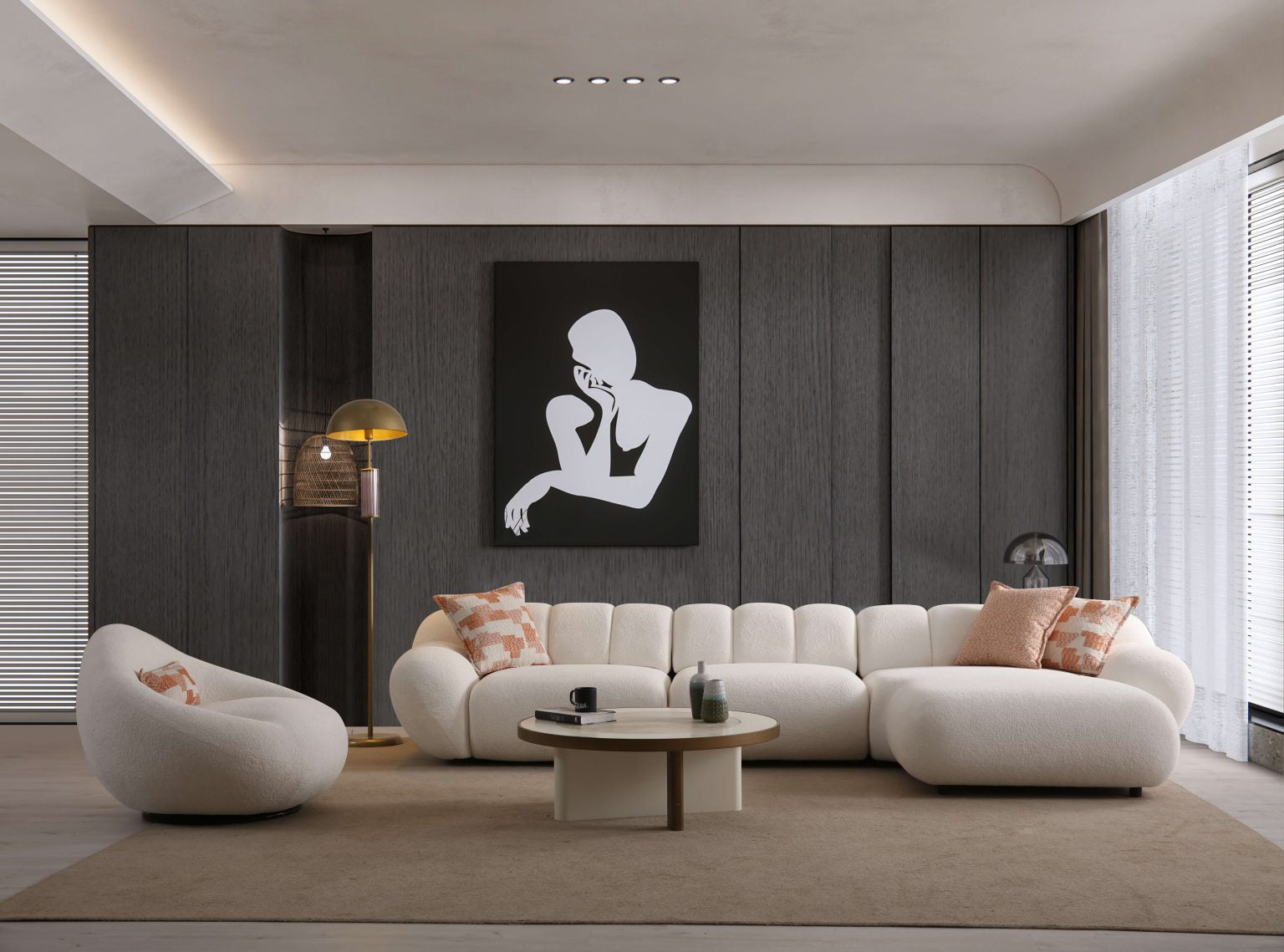 Lunar sculptural living room collection featuring curved modular sofa, rounded lounge chair, and modern minimalist interior design.