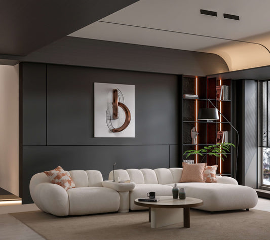 Lunar sculptural living room collection featuring curved modular sofa, rounded lounge chair, and modern minimalist interior design.