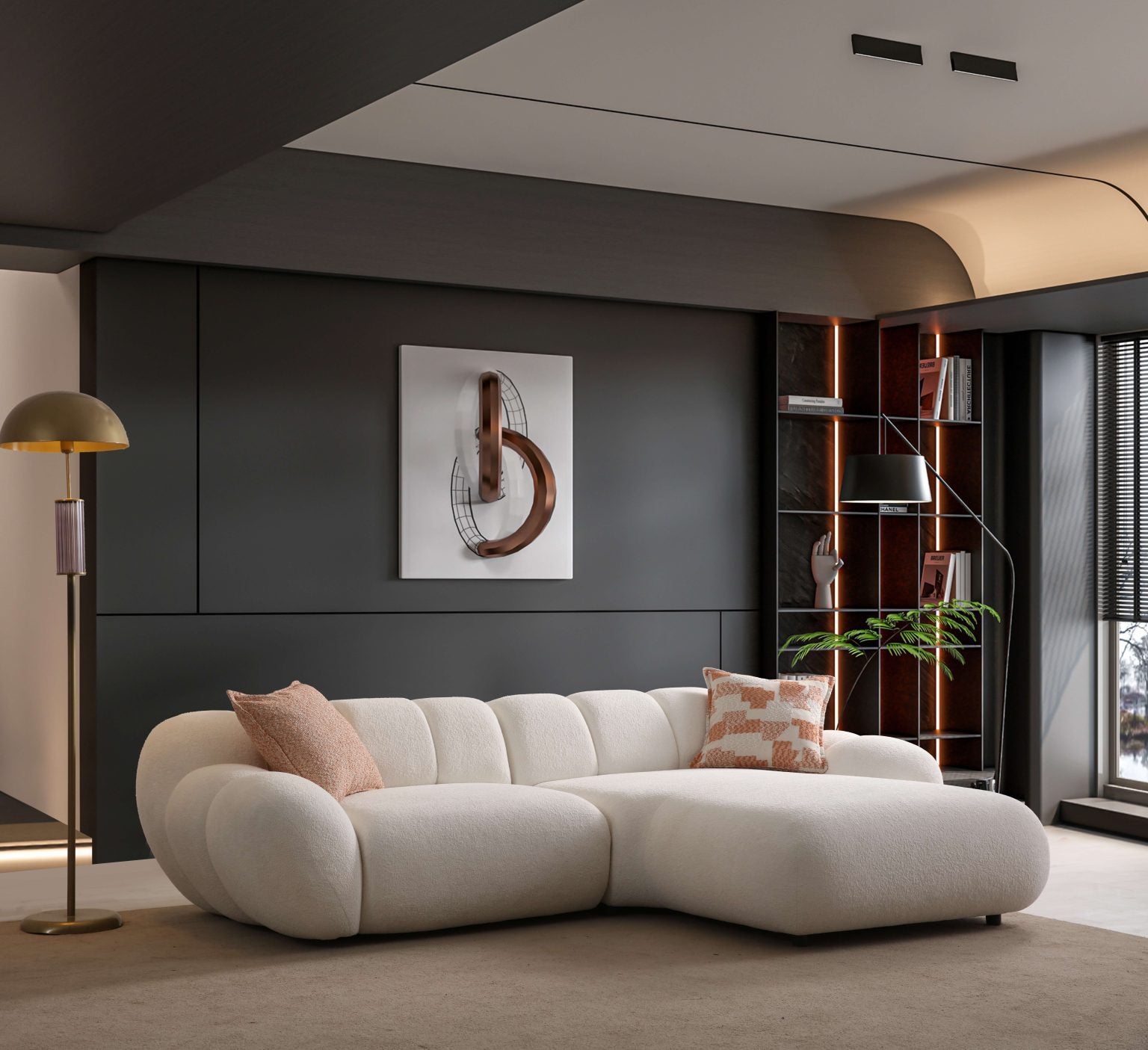 Lunar sculptural living room collection featuring curved modular sofa, rounded lounge chair, and modern minimalist interior design.