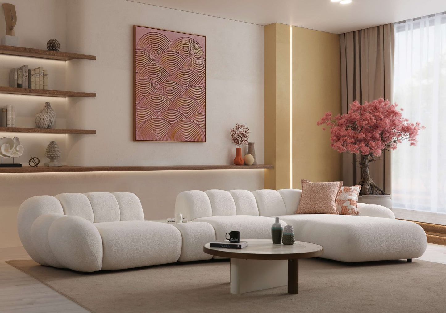 Lunar sculptural living room collection featuring curved modular sofa, rounded lounge chair, and modern minimalist interior design.