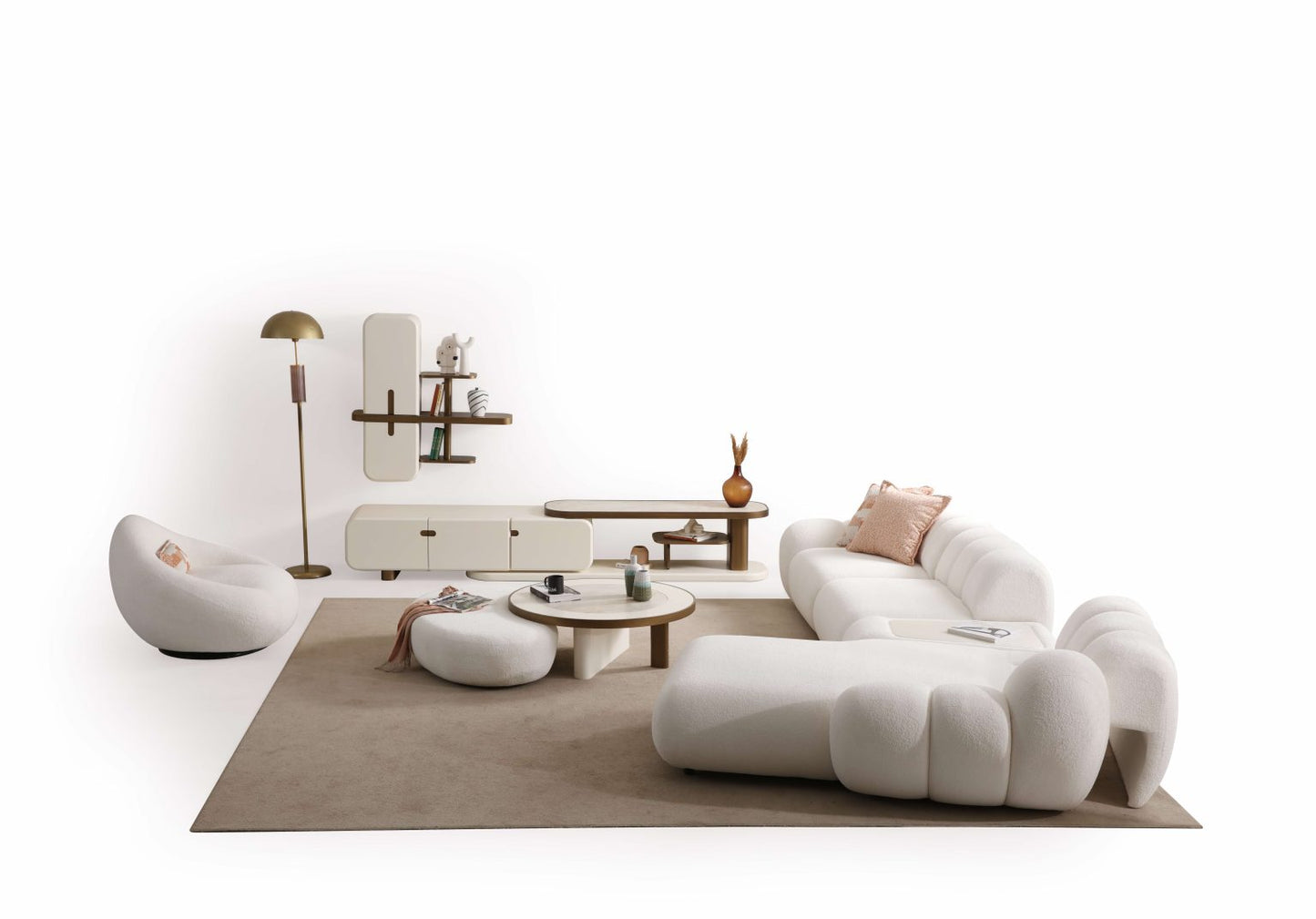Lunar sculptural living room collection featuring curved modular sofa, rounded lounge chair, and modern minimalist interior design.