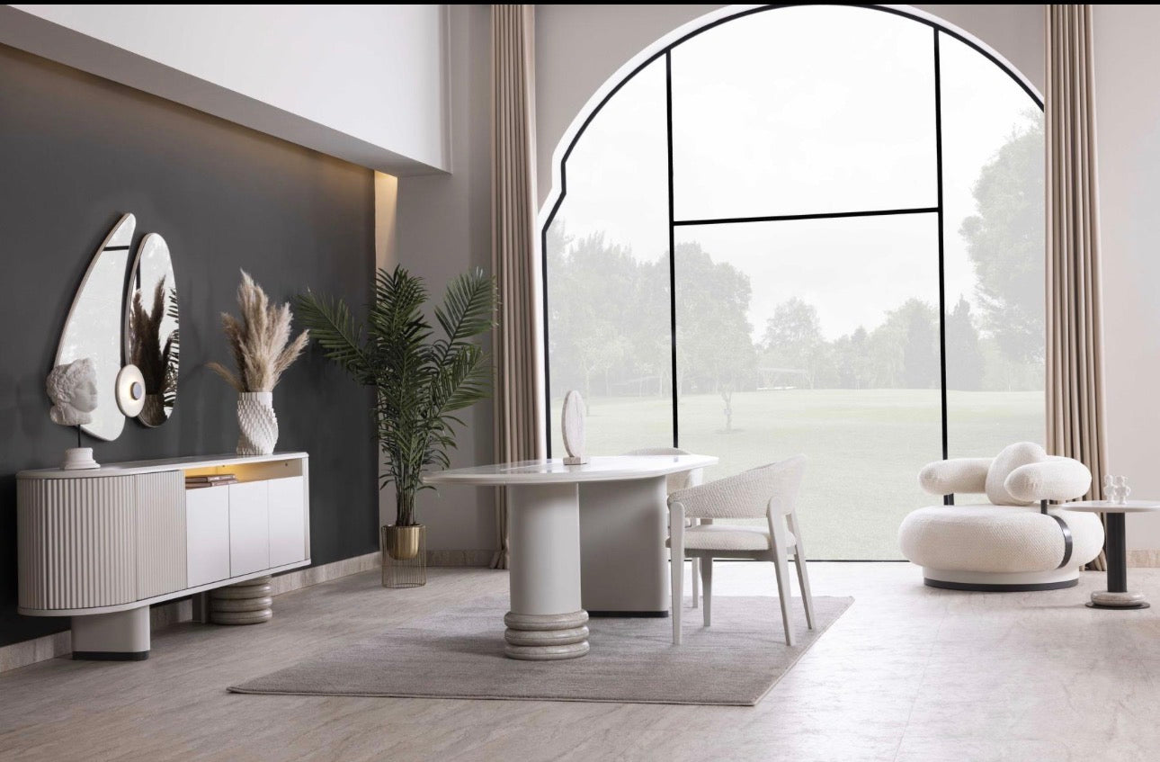 Amberhall modern curved furniture collection featuring sculptural sofa seating, ivory textures, and contemporary minimalist interior design.