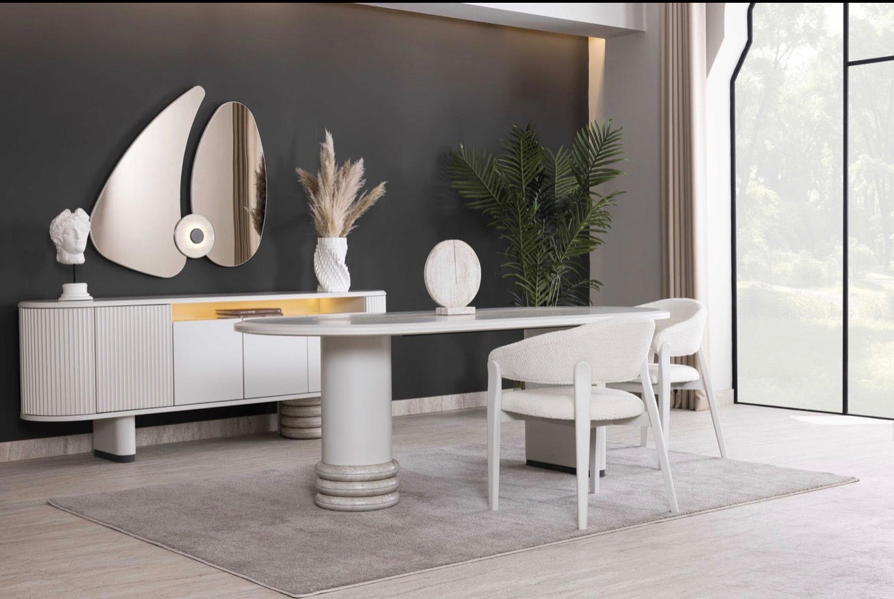 Amberhall modern curved furniture collection featuring sculptural sofa seating, ivory textures, and contemporary minimalist interior design.