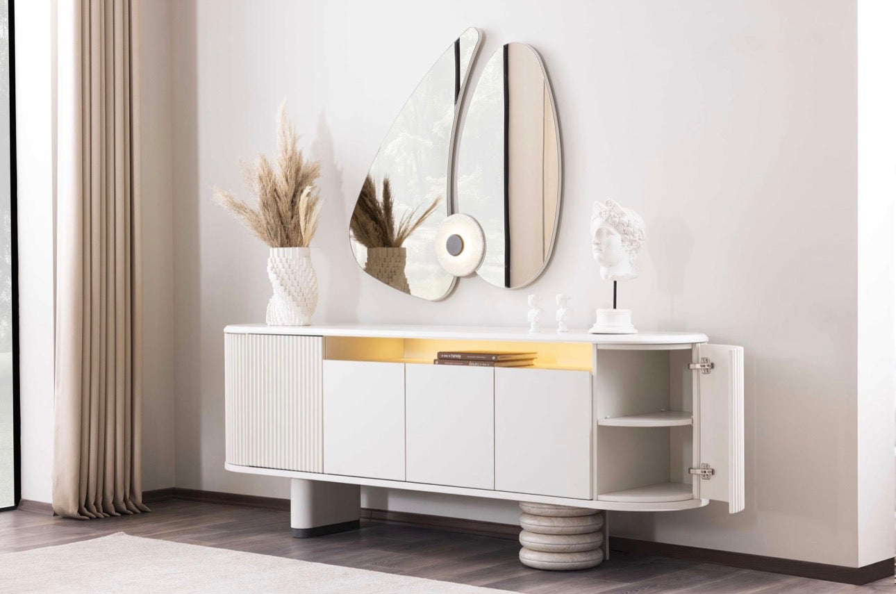 Amberhall modern curved furniture collection featuring sculptural sofa seating, ivory textures, and contemporary minimalist interior design.