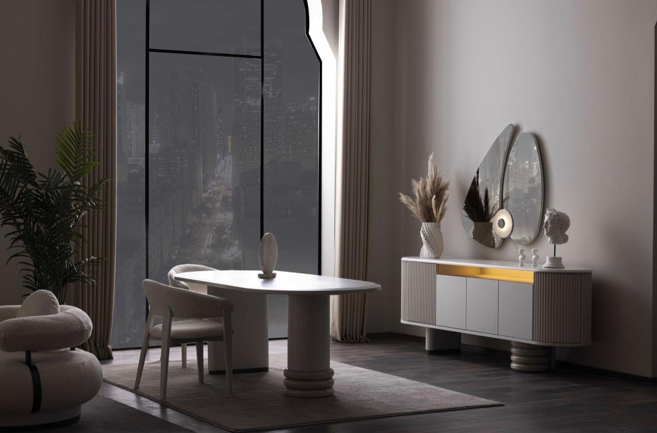 Amberhall modern curved furniture collection featuring sculptural sofa seating, ivory textures, and contemporary minimalist interior design.