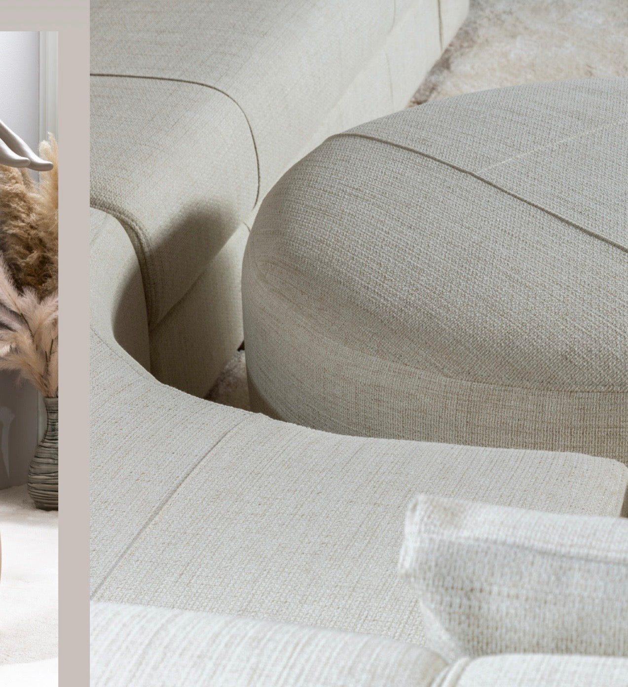 Stoneveil luxury furniture collection featuring modular sofa seating, modern dining table, sculptural accent chairs, luxury bedroom design, and illuminated walk in wardrobe.