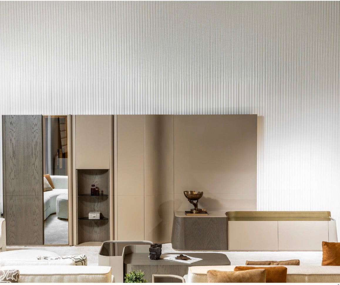 Stoneveil luxury furniture collection featuring modular sofa seating, modern dining table, sculptural accent chairs, luxury bedroom design, and illuminated walk in wardrobe.