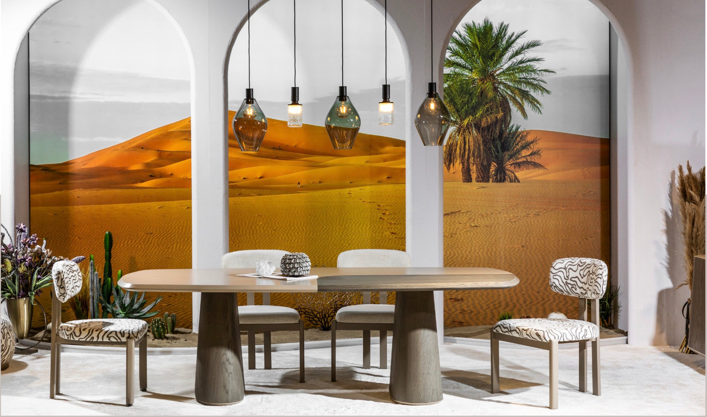 Stoneveil luxury furniture collection featuring modular sofa seating, modern dining table, sculptural accent chairs, luxury bedroom design, and illuminated walk in wardrobe.