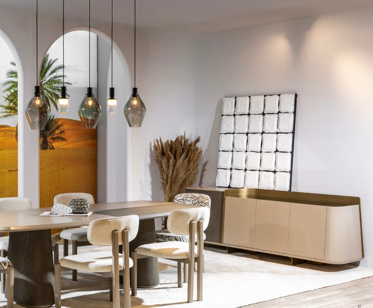 Stoneveil luxury furniture collection featuring modular sofa seating, modern dining table, sculptural accent chairs, luxury bedroom design, and illuminated walk in wardrobe.