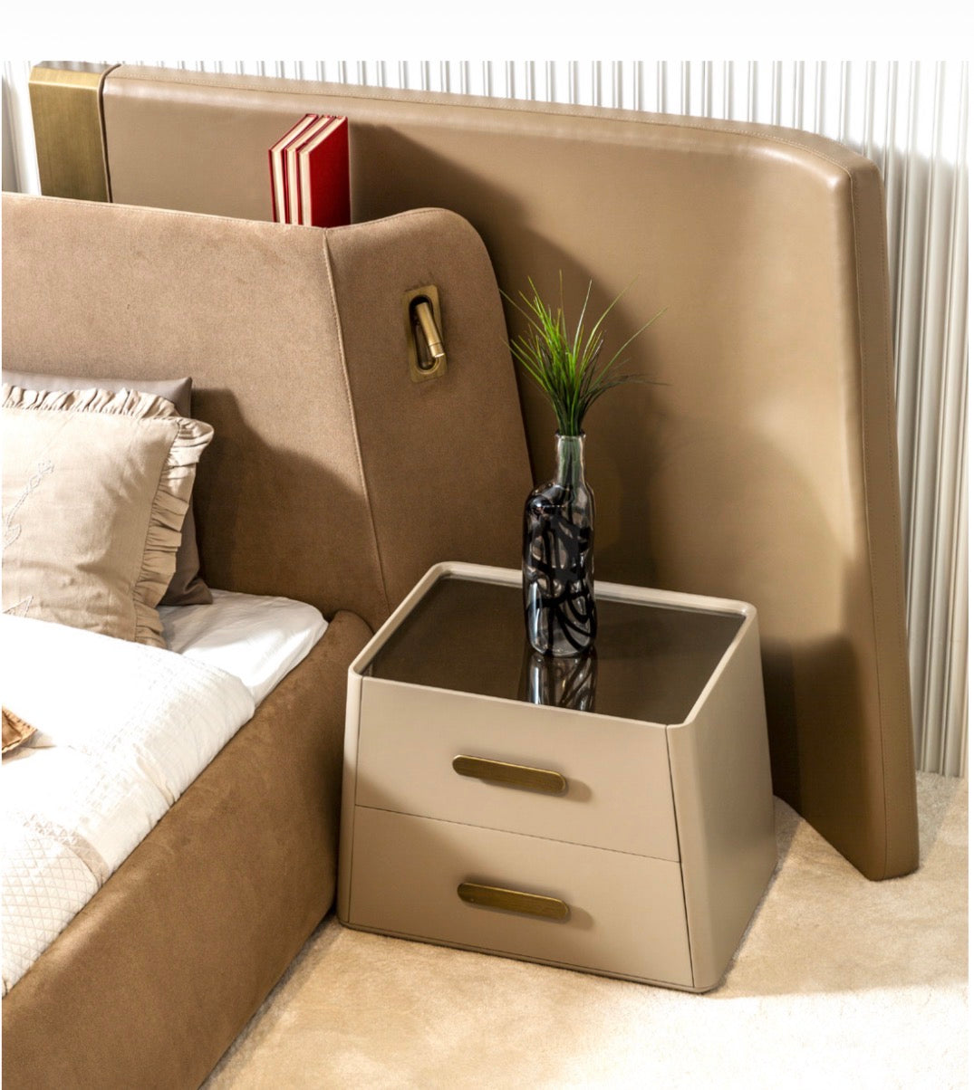 Stoneveil luxury furniture collection featuring modular sofa seating, modern dining table, sculptural accent chairs, luxury bedroom design, and illuminated walk in wardrobe.