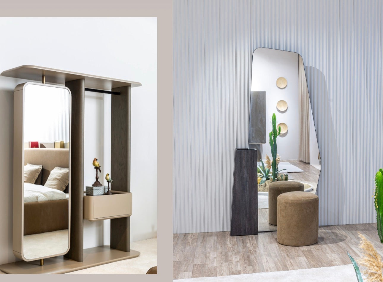 Stoneveil luxury furniture collection featuring modular sofa seating, modern dining table, sculptural accent chairs, luxury bedroom design, and illuminated walk in wardrobe.